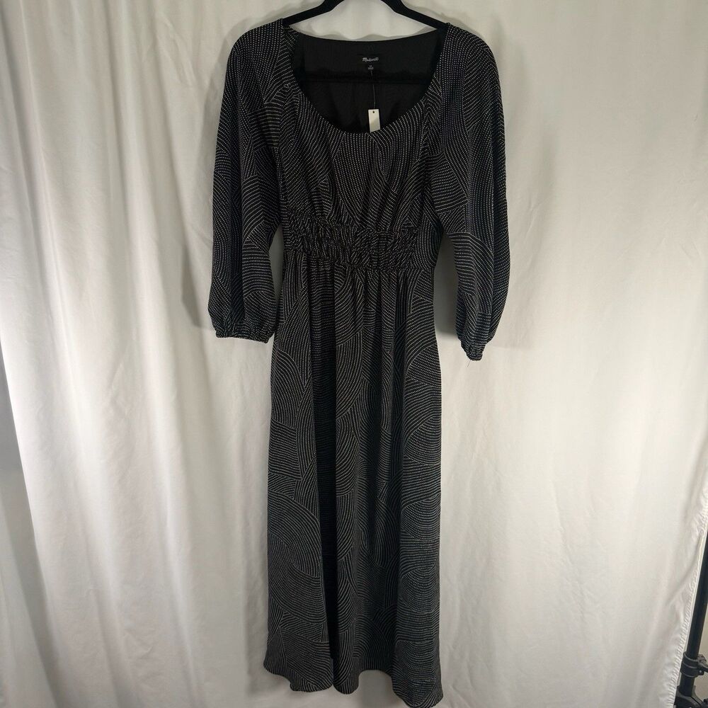 New Madewell Midi Dress Women's XS Black White Striped Polka Dot Round Neck
